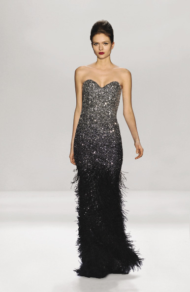 Pamella Roland Strapless Silver-Black Ombre Sequin and Ostrich Feather Beaded Gown