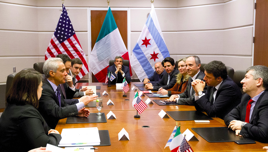 Mayor Emanuel at a roundtable discussion with Italian Prime Minister Matteo Renz