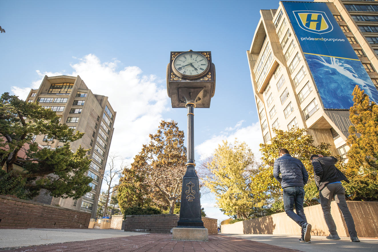 The iconic clock tower at Hofstra University