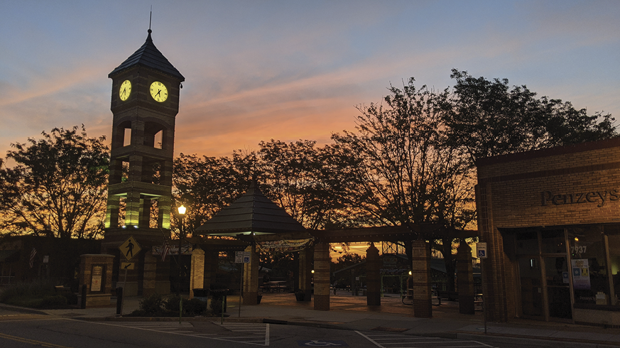 Downtown Overland Park Clocktower at sunrise